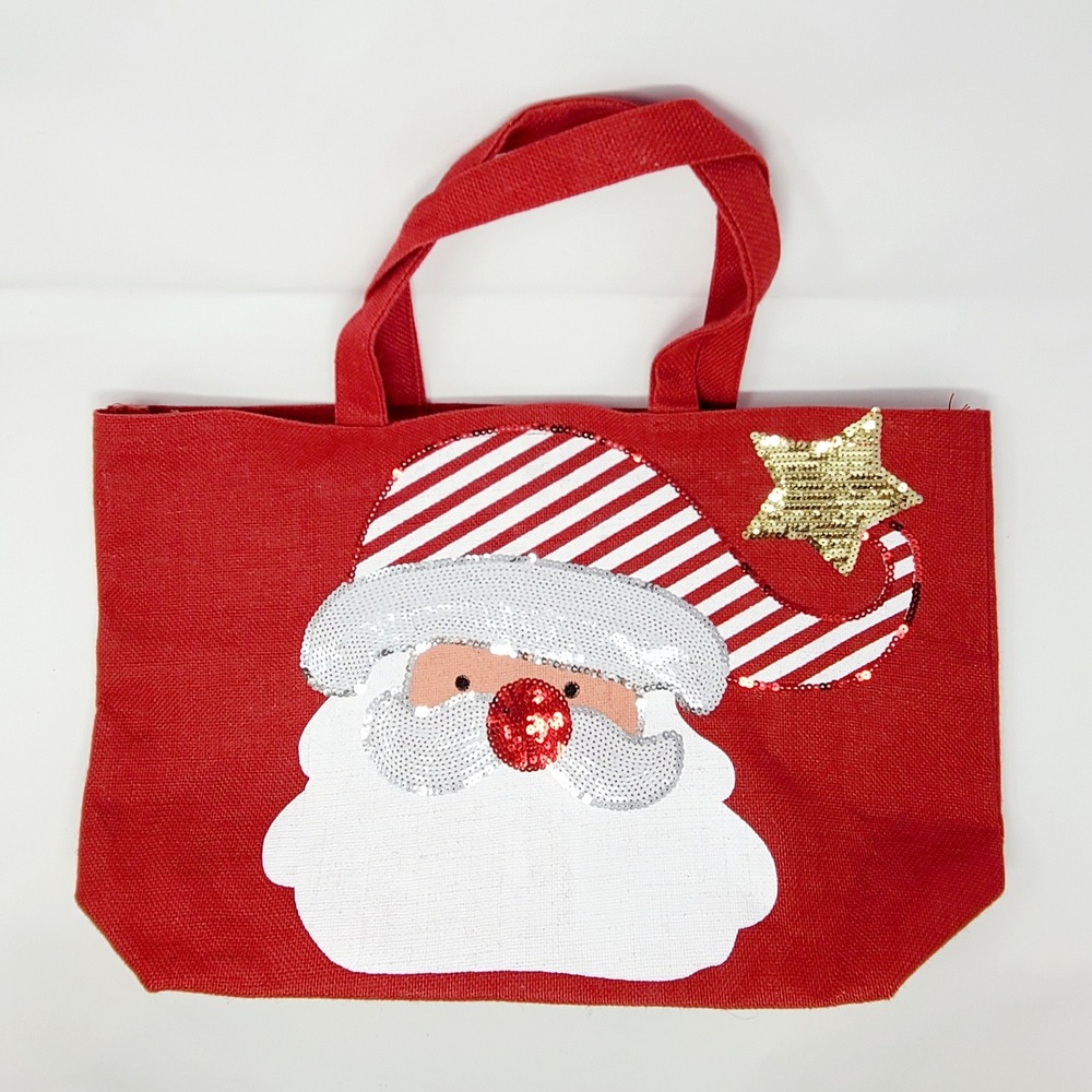 Hobby Lobby Santa Christmas Tote Bag Red Burlap‎ Sequin Large Holiday